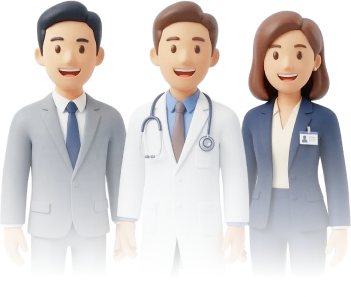 정장 차림 직장인 두 명과 흰 가운 의사 3D 캐릭터